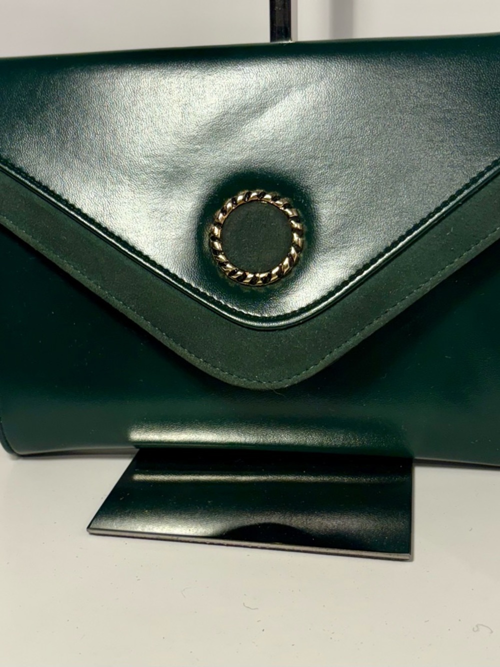 Vintage Dark Green Envelope Shoulder Bag with Gold-tone Ring